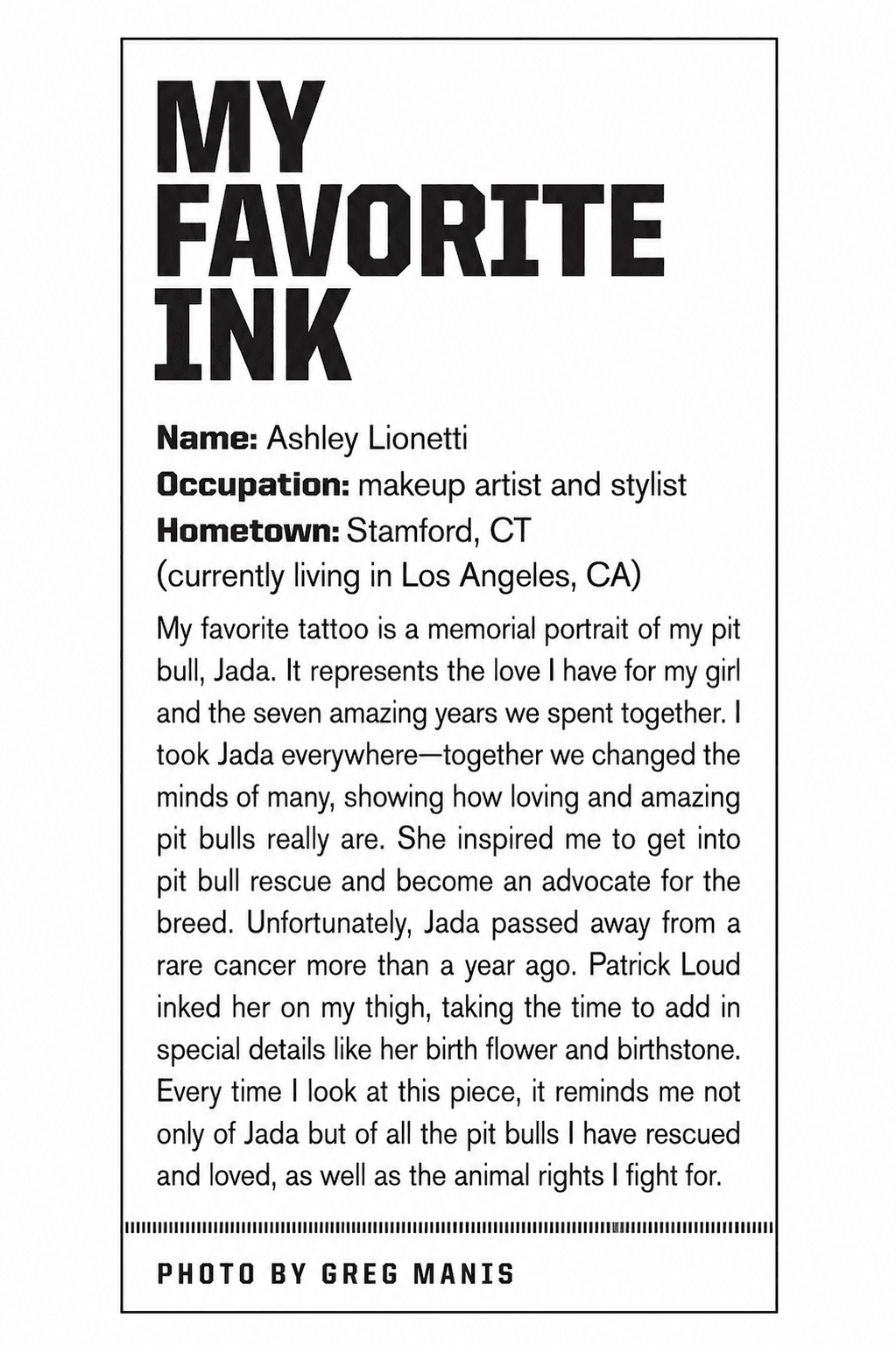 Inked Magazine — My Favorite Ink article, Ashley Lionetti and Jada